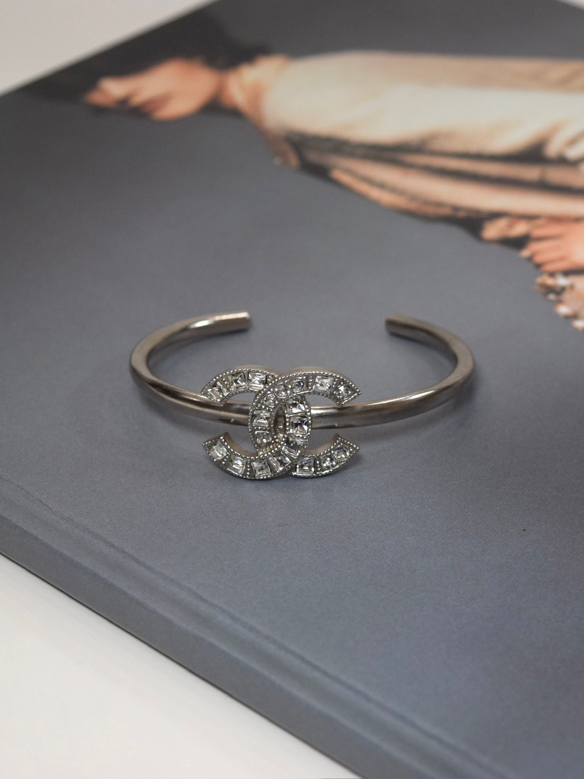 Chanel Silver Crystal CC Bangle 15P