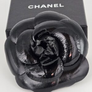 Chanel Black Leather Camelia Brooch