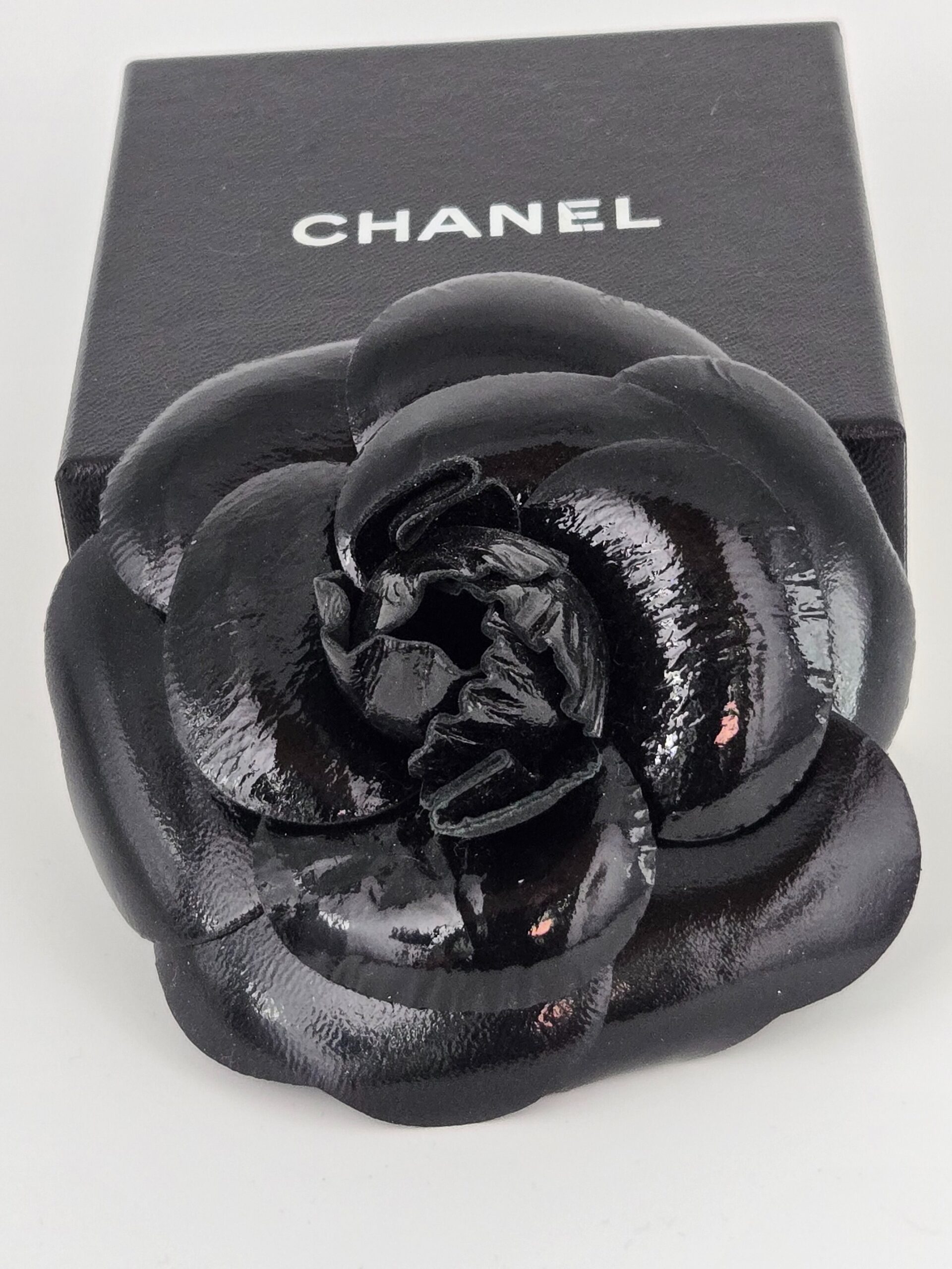 Chanel Black Leather Camelia Brooch