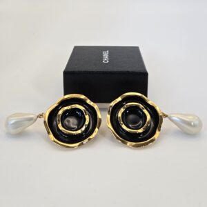 Chanel Gold-Plated Black Enamel Pearl-Drop Earrings (circa 1960s)