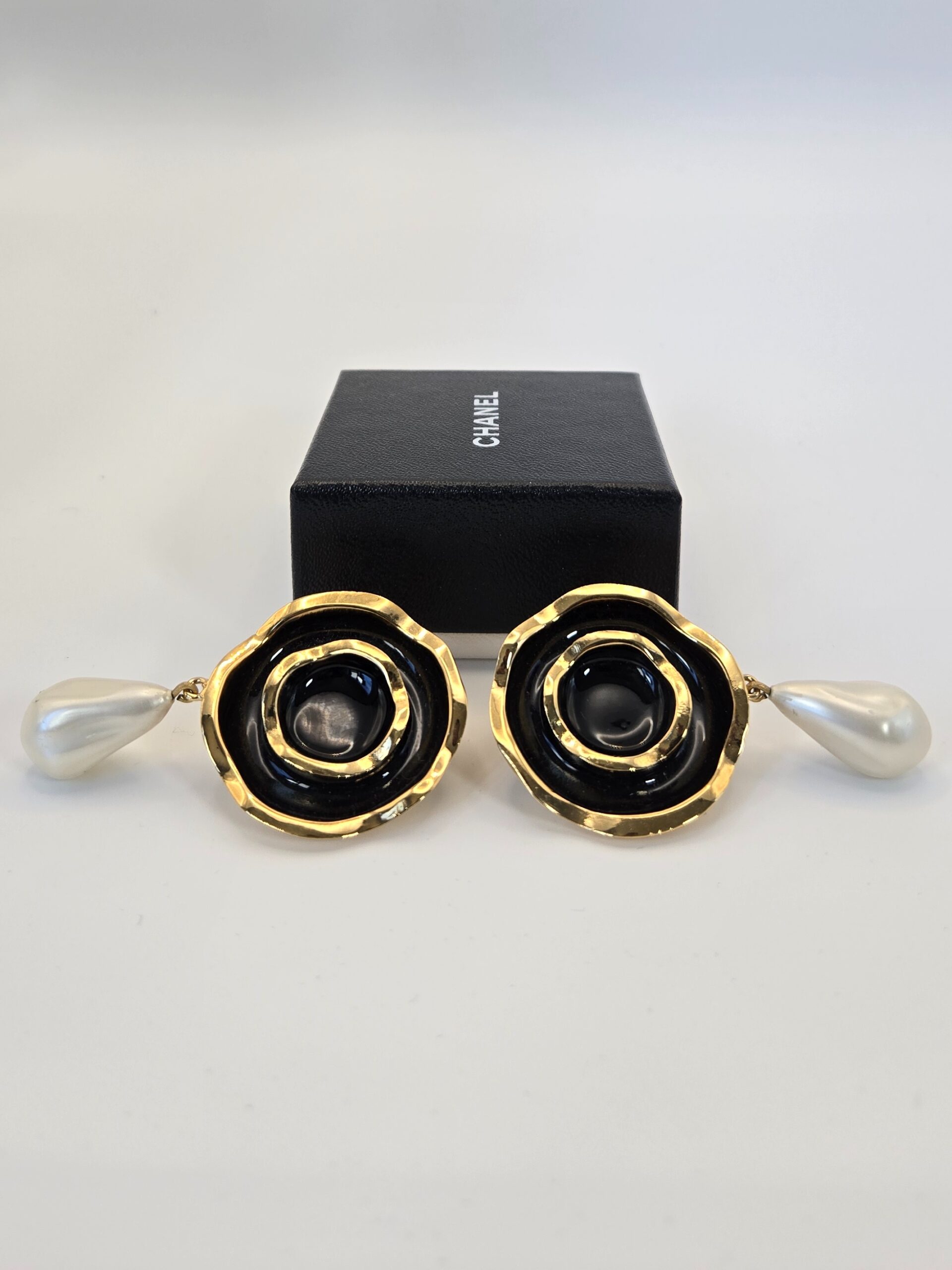 Chanel Gold-Plated Black Enamel Pearl-Drop Earrings (circa 1960s)