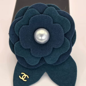 Chanel Camellia Brooch Teal Fabric 02A