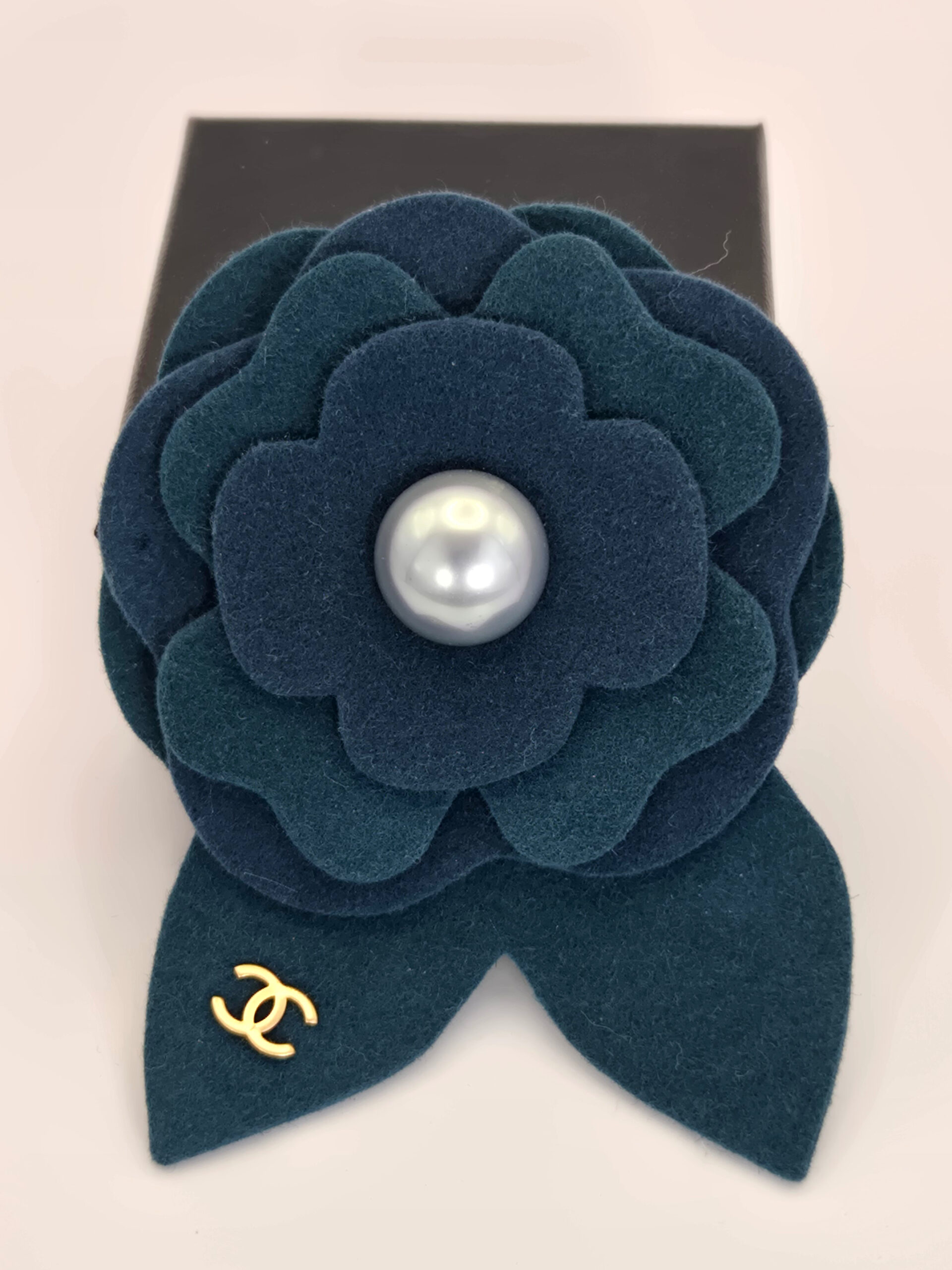 Chanel Camellia Brooch Teal Fabric 02A