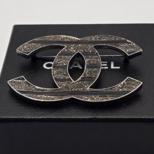 Chanel Large Striped Silver and Black Brooch 10C