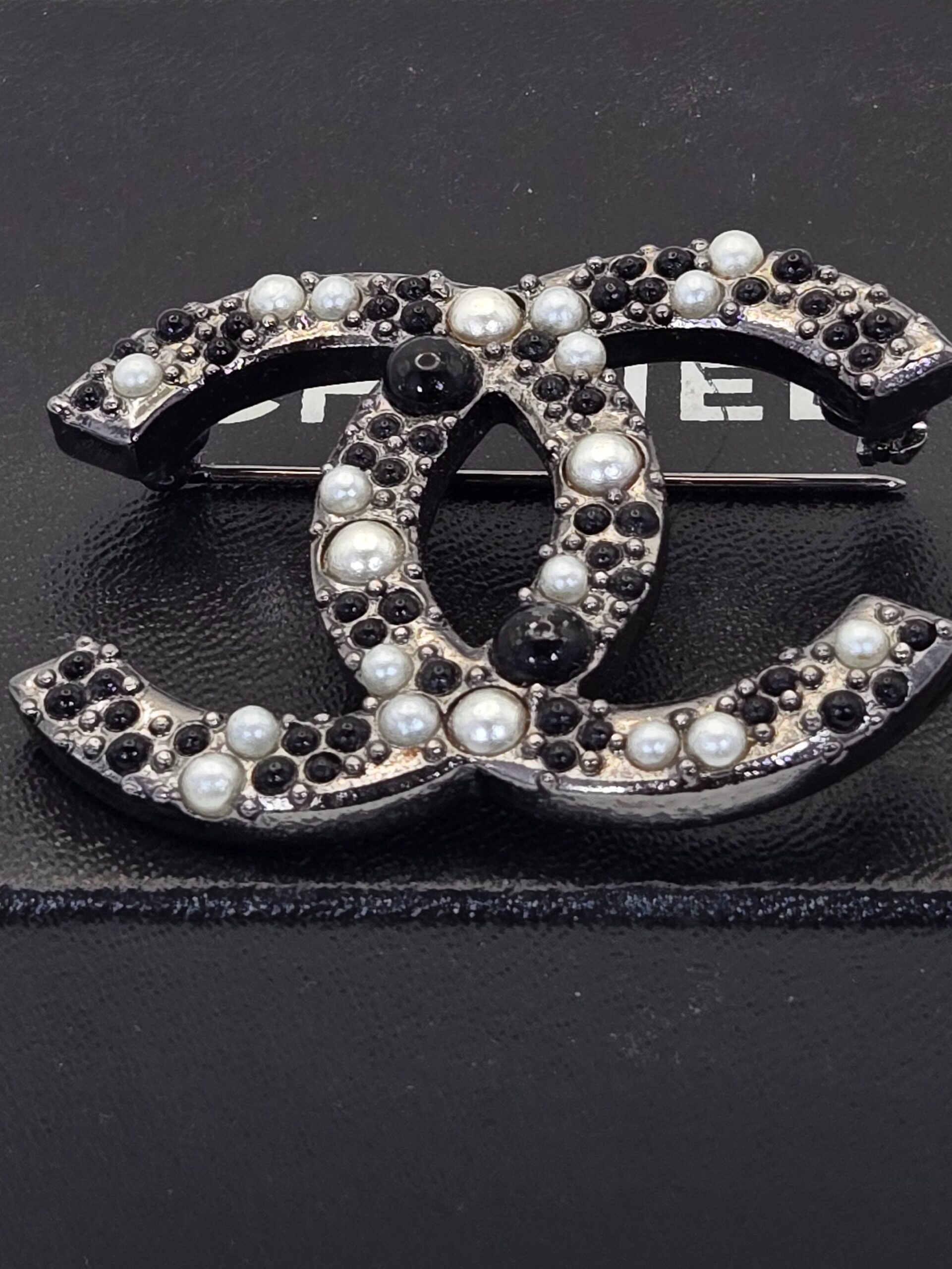 Chanel Silver, Black, and Pearl Brooch 13S 2"