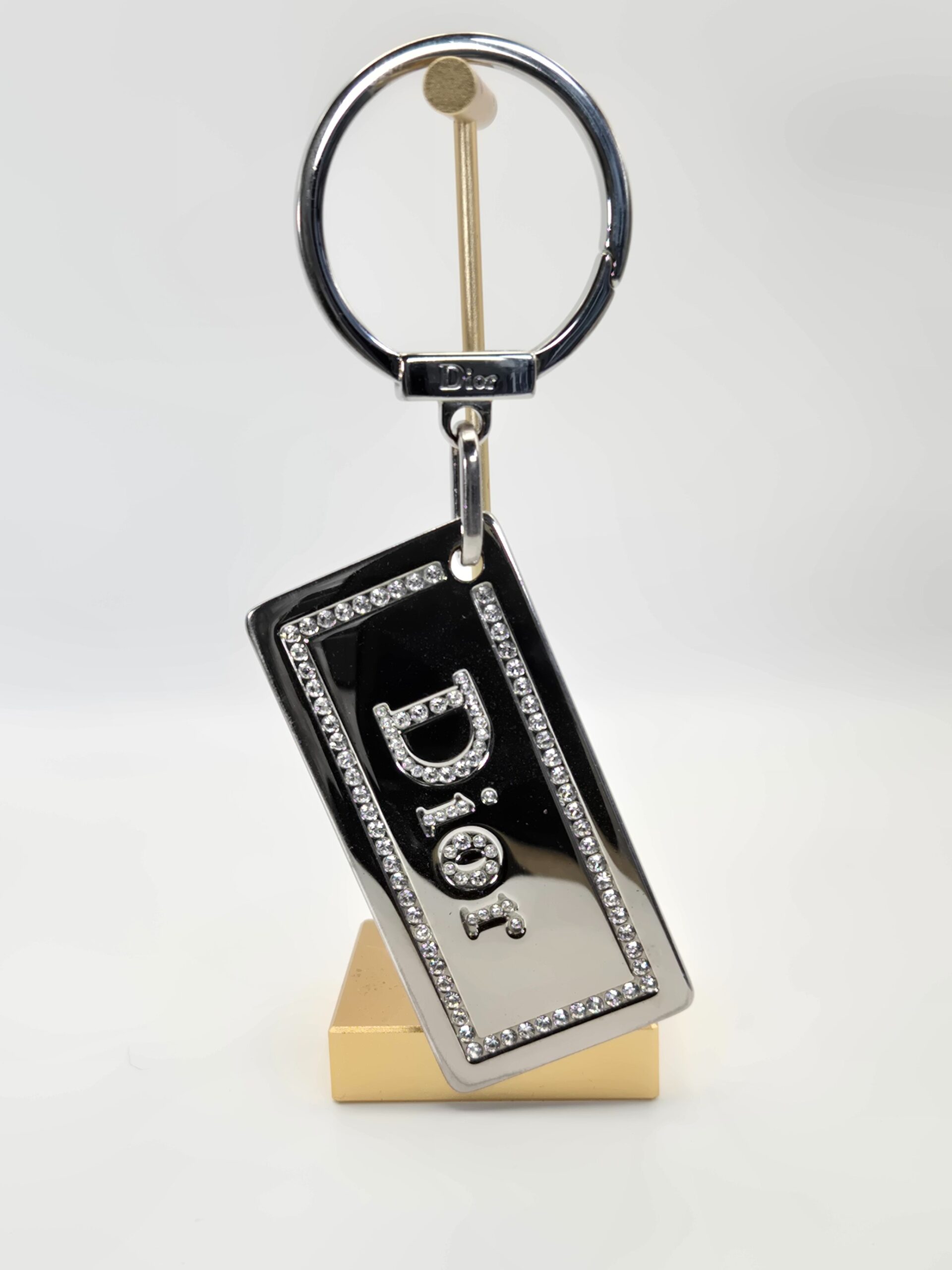 Dior crystal logo keyring bag charm silver tone 4.75 inch