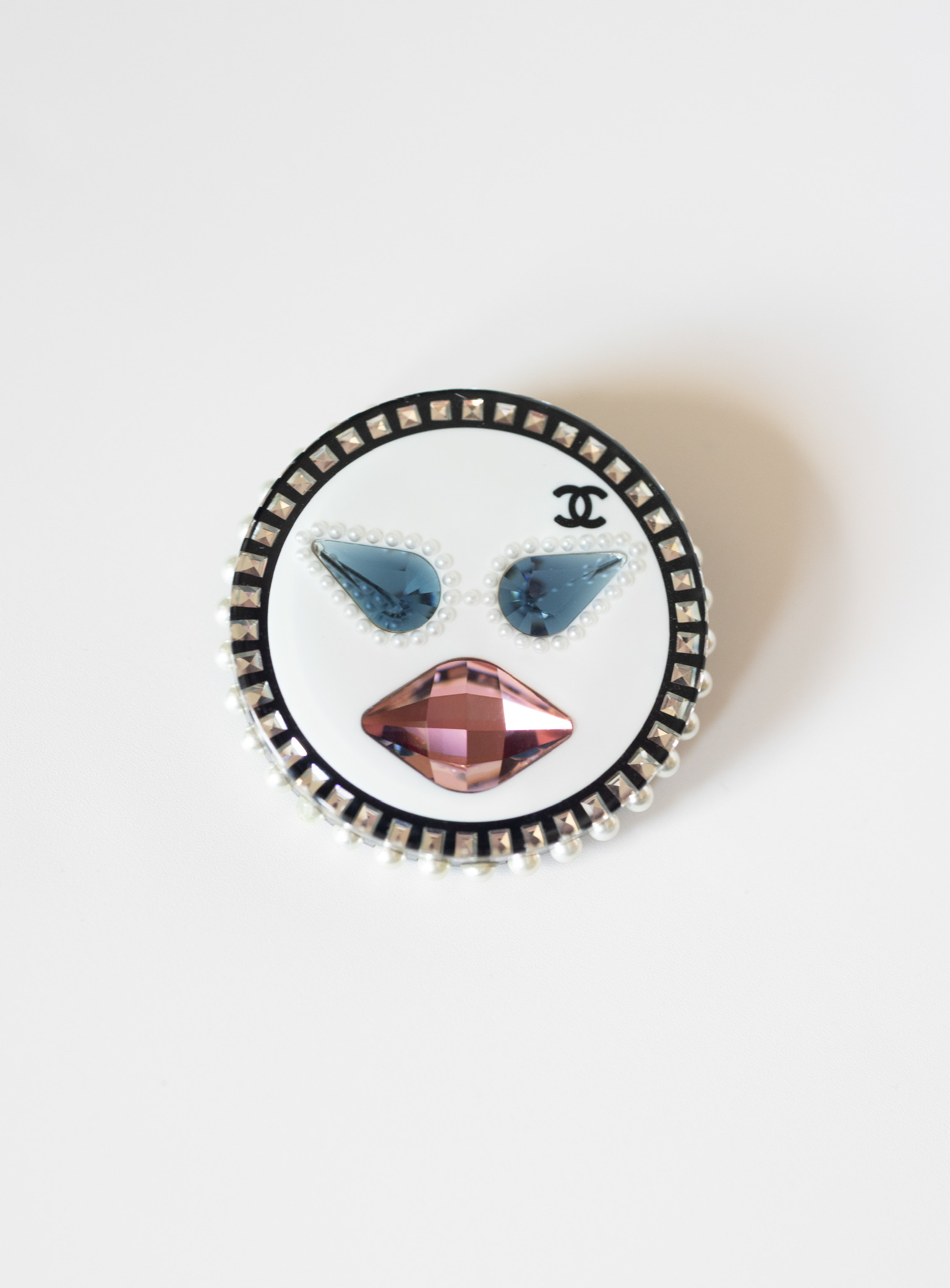 Chanel 16K Emoji Face Crystal and Pearl Brooch – 2″