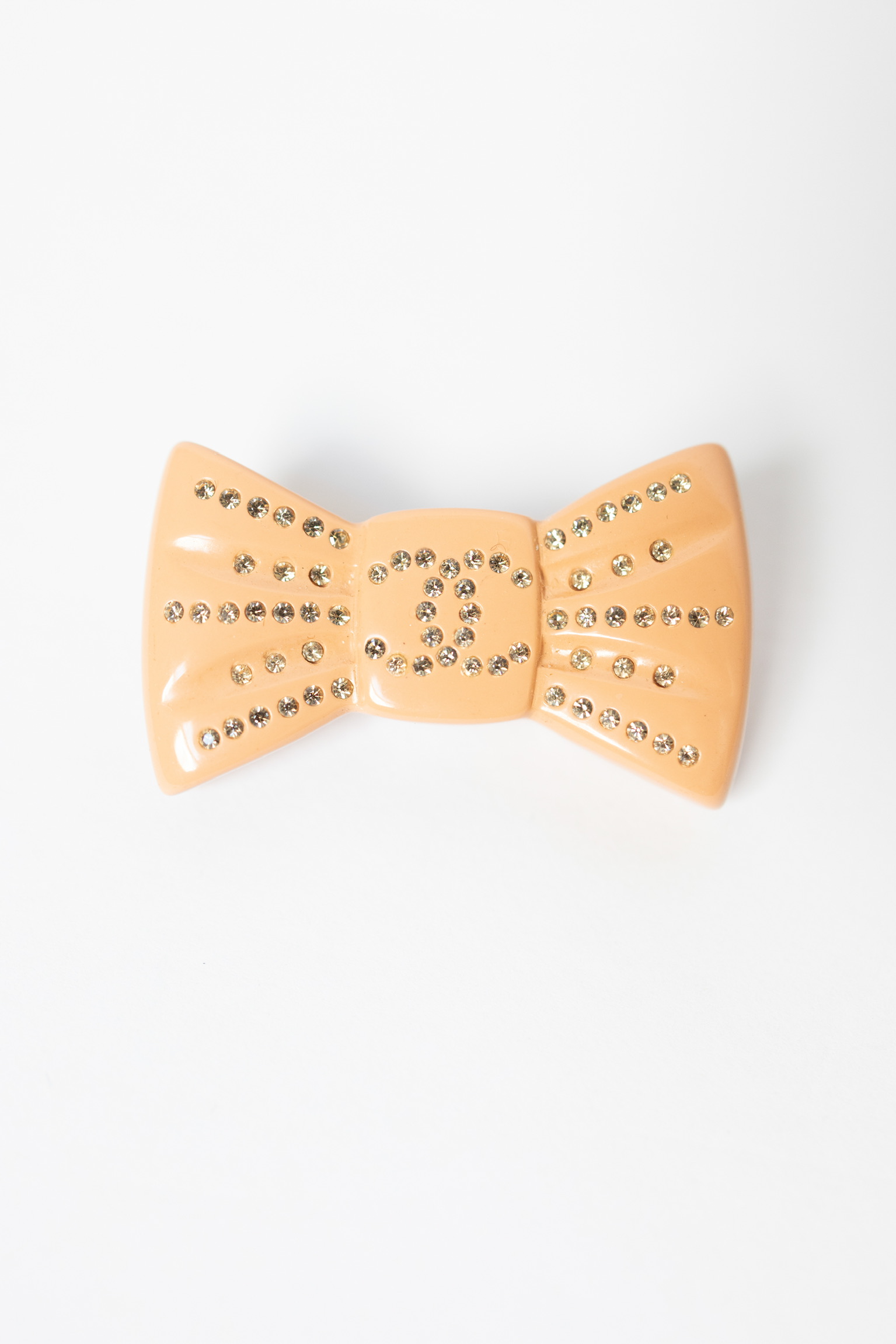 Chanel 02P Peach Crystal CC Bow Brooch – 1.5″