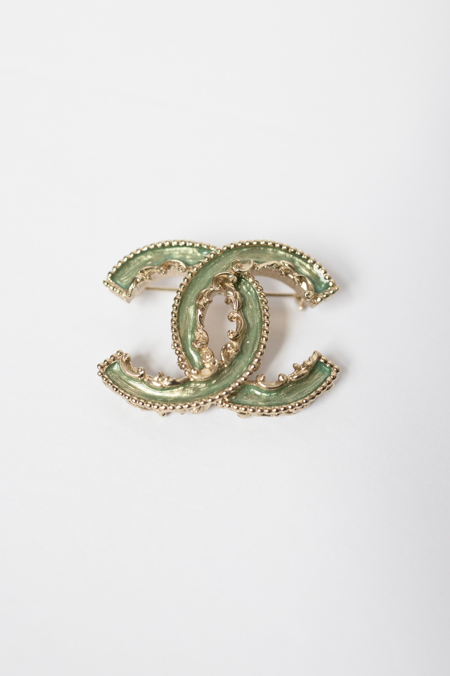Chanel B13C Green Enamel CC Logo Brooch – 1.75″