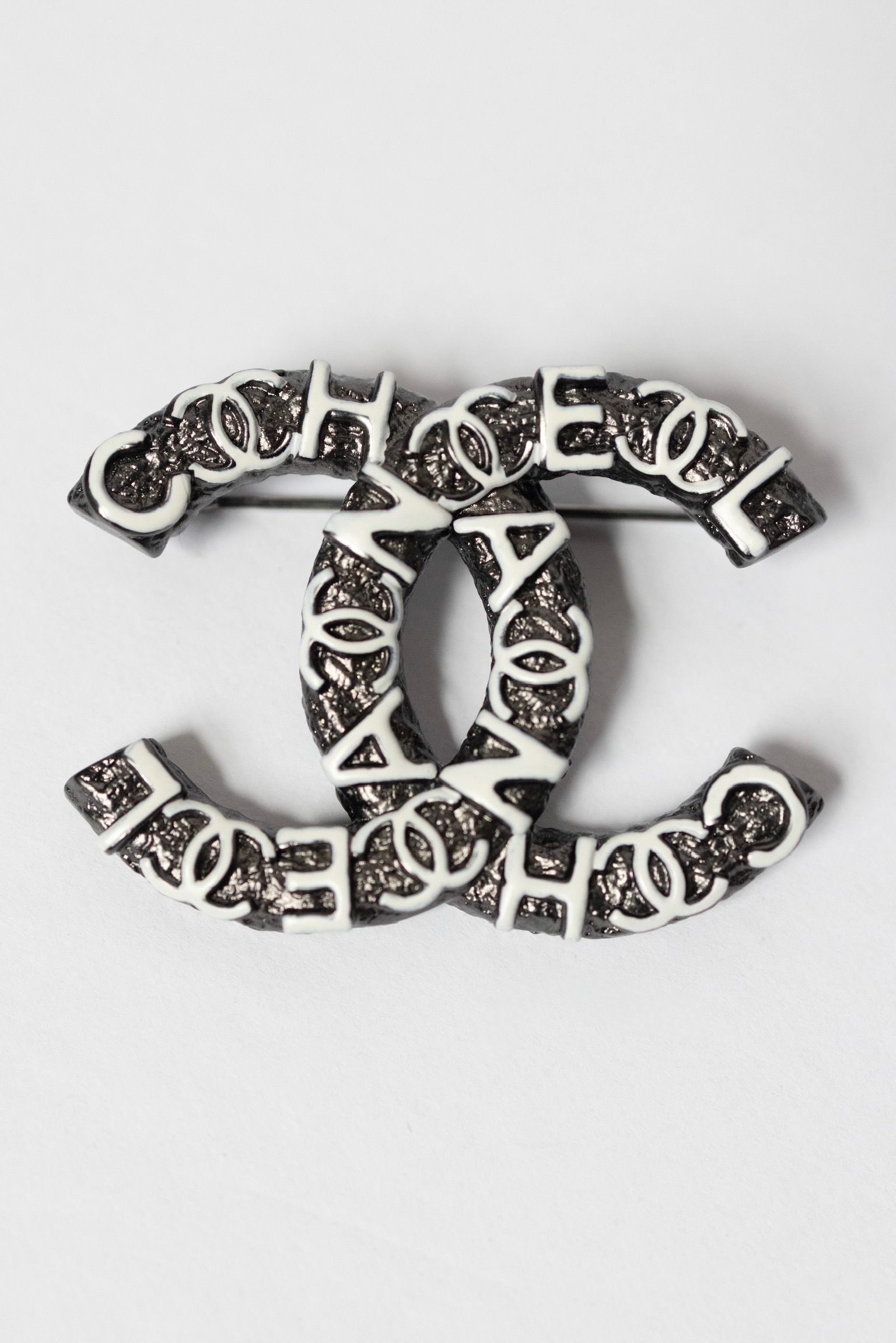 Chanel A21P Black and White Enamel Lettered CC Logo Brooch – 1.75"