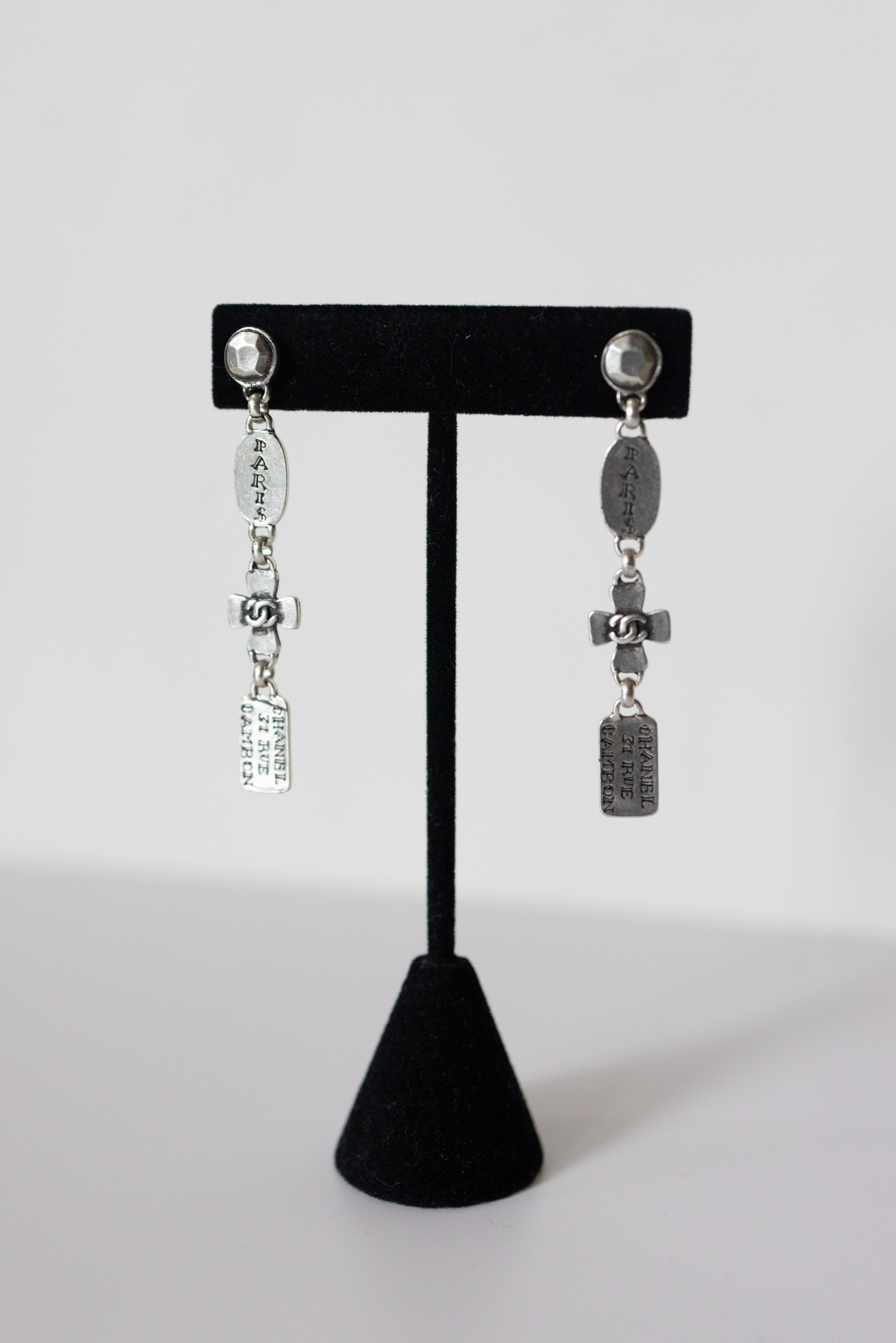 Chanel 99A Silver-Tone Paris Cambon Charm Drop Earrings – 2.25″