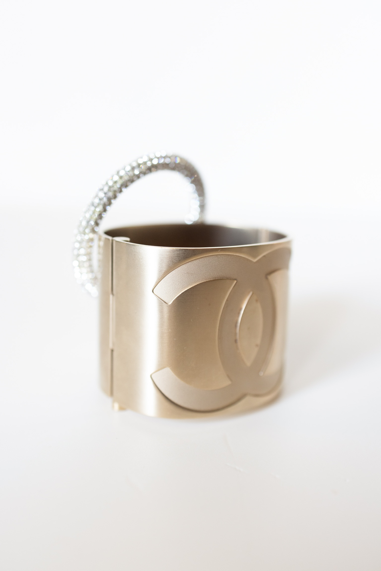 Chanel B16A Gold-Tone CC Cuff Bracelet with Crystal Handle