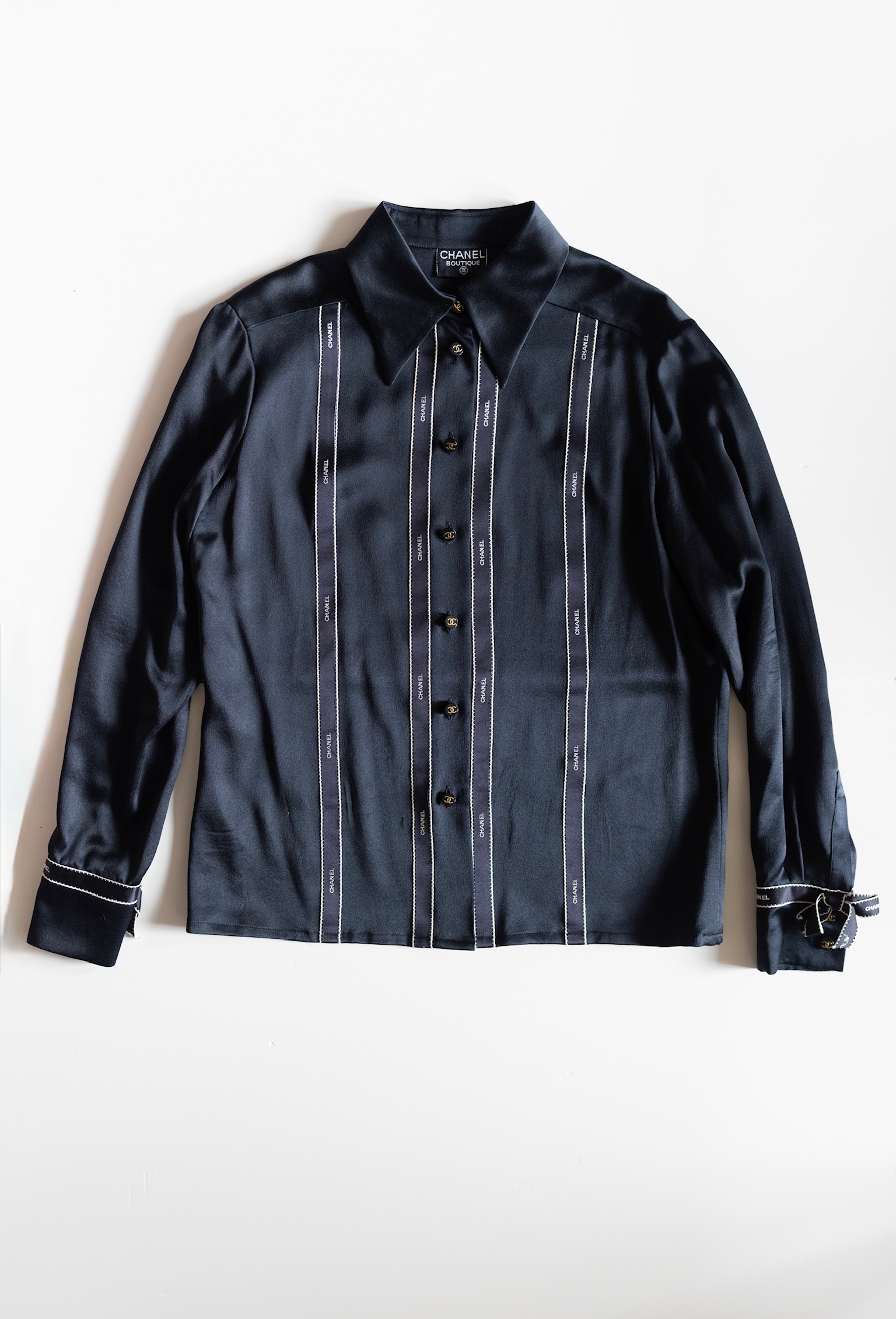 Vintage Chanel 1994 Black Silk Logo-Stripe Button-Front Blouse