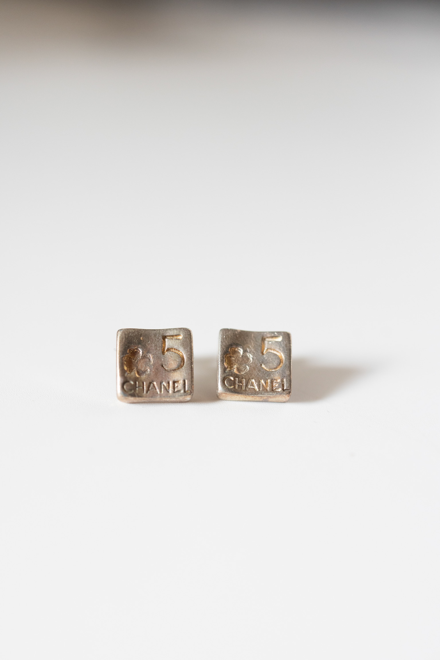 Chanel 925 Sterling Silver No. 5 and Camelia Square Stud Earrings – 0.5″